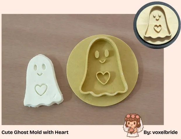 Ghost holding a heart, cookie cutter and clay stamp